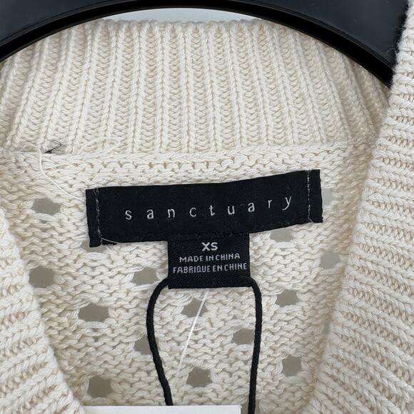 SANCTUARY Sweater Size XS NEW Open Knit Bomber Cardigan Cream Black Full Zip - Picture 6 of 8